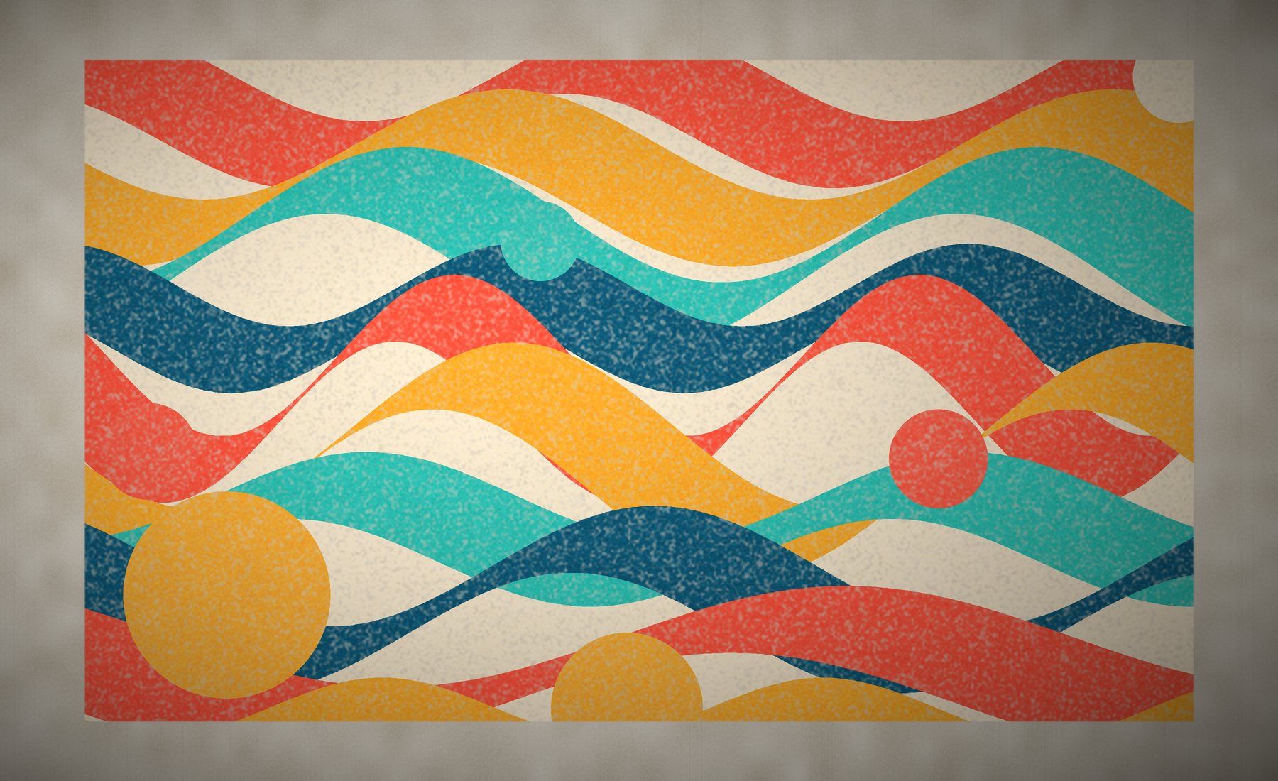 Mural abstrato com ondas coloridas em laranja, turquesa e azul pintado em uma parede