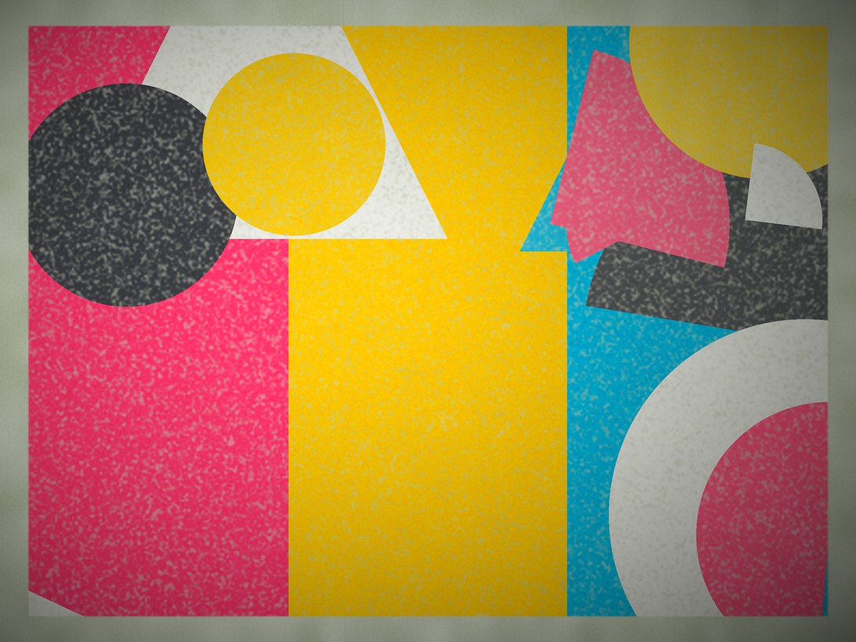 Mural geométrico em rosa, amarelo e azul numa fachada comercial
