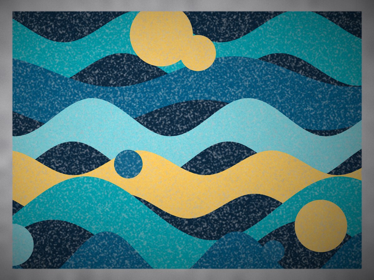 Mural com ondas azuis e amarelas em corredor de escritório