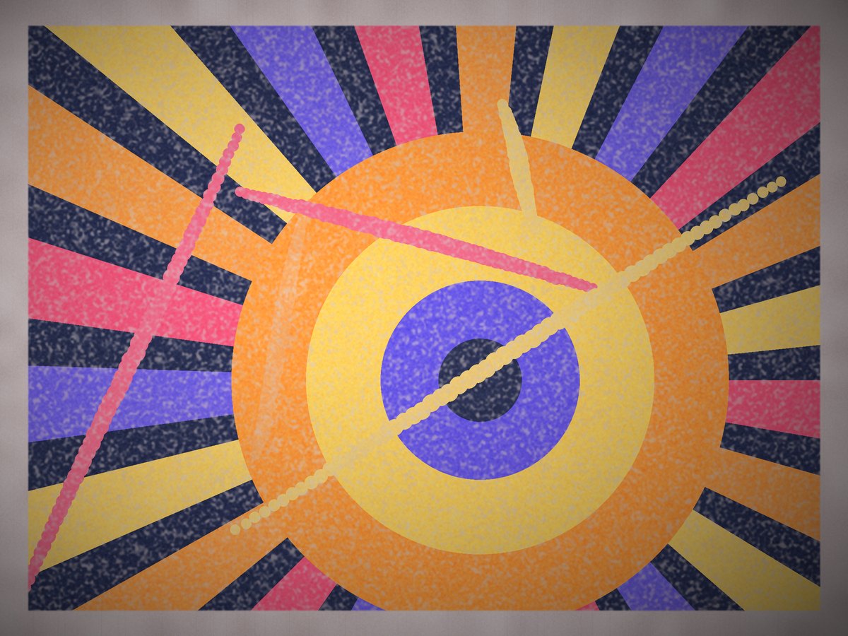 Mural com raios solares em roxo, rosa e laranja